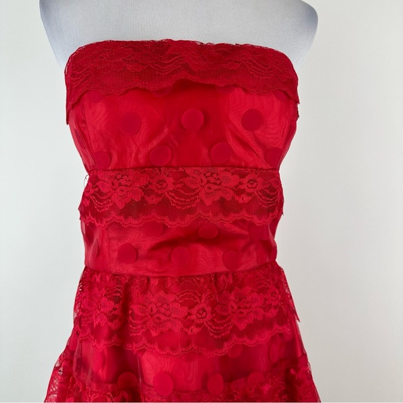 Vintage 90’s Steppin Out Red Polka Dot Lace Tiered Strapless Dress Size 14 - Picture 2 of 14